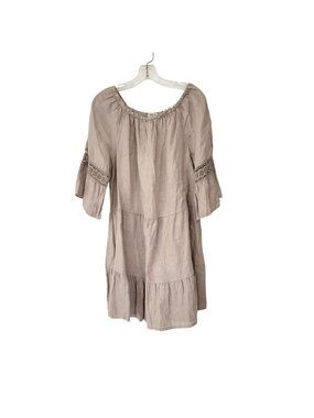 Terzo Millennio Beige Linen Dress With Bell Sleeves & Crochet Inserts Size L Mad